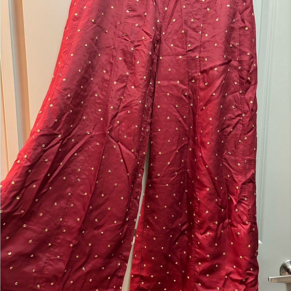 Elegant Red Satin Pants with Gold Accents